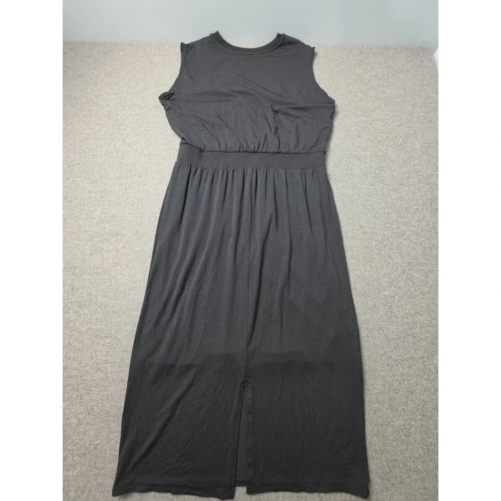 Athleta Santorini Cinch Dress Womens Large Black Sleeveless Midi Stretch Slit